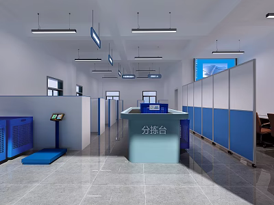 Modern Sorting Station Interior With Blue Partitions Equipment And White Walls 3d model
