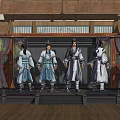 Ancient Costume Male Game Characters Standing With Traditional Building Background And Decorative Robes