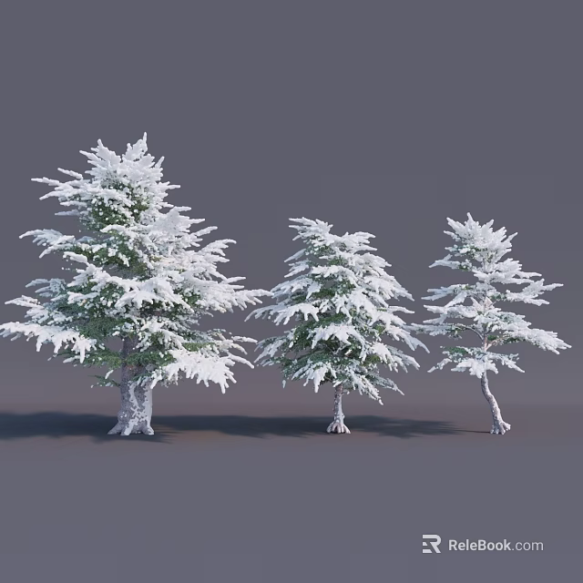 Snow Covered Pine Trees of Various Sizes Standing Against Gray Background 3d model 