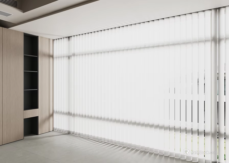 Modern White Vertical Blinds In Bright Interior With Natural Light And Wooden Accents 3d model 