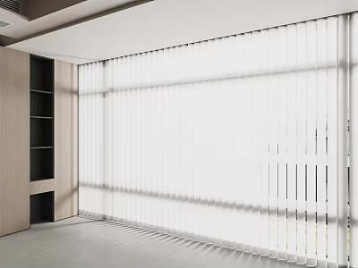 Modern White Vertical Blinds In Bright Interior With Natural Light And Wooden Accents 3d model