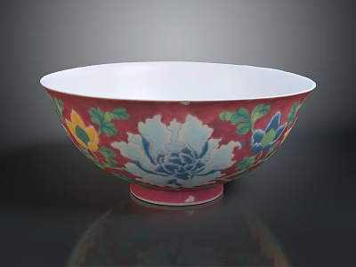Red Ceramic Bowl With Colorful Floral Peony Patterns And White Rim 3d model