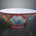 Red Ceramic Bowl With Colorful Floral Peony Patterns And White Rim