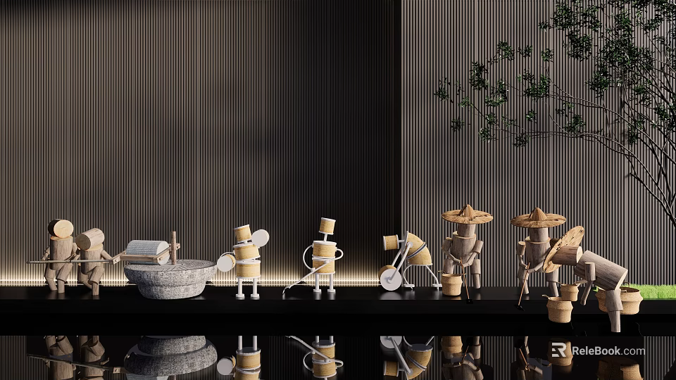 Wooden Figurine Sculptures With Different Actions Alongside Stone Mortar Dark Striped Wall And Green Plants 3d model 