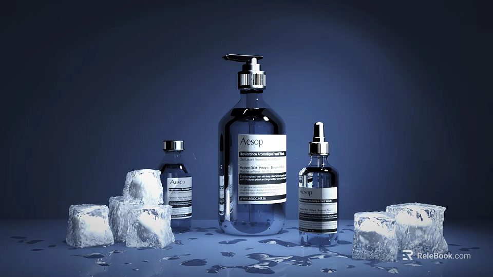 Luxurious Skincare Cosmetic Bottles In Different Sizes With Ice Cubes On Dark Background 3d model 