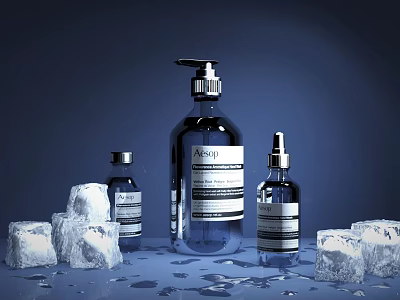 Luxurious Skincare Cosmetic Bottles In Different Sizes With Ice Cubes On Dark Background 3d model