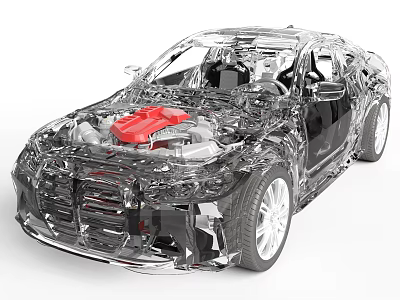 Transparent Car Model Featuring Red Engine And Detailed Internal Structure 3d model
