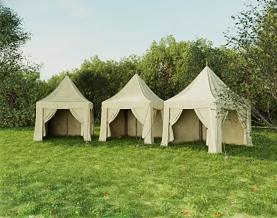 Three Beige Tents Placed On Green Grass Field With Trees Around 3d model