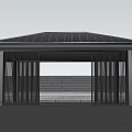 Modern Pavilion With Solar Panel Roof Vertical Black Columns And Reflective Floor Against Blue Sky