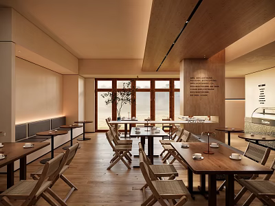 Modern Restaurant Interior With Wooden Tables Wicker Chairs Natural Light And Wall Decor 3d model