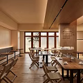 Modern Restaurant Interior With Wooden Tables Wicker Chairs Natural Light And Wall Decor