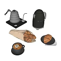 Coffee Tableware Set With Silver Coffee Pot Black Electric Kettle Latte And Croissants