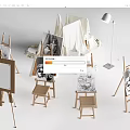 Stylish Musical Instruments And Art Supplies Setup With Easels Drawing Boards Chairs And Floor Lamp