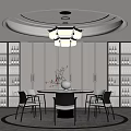 Modern Restaurant Interior With Round Dining Table Chandelier Wine Cabinets And Chairs 3d model
