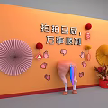 Interactive Art Installation With Fan Decor Red Lanterns Red Flowers And Orange Wall