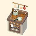 Functional Modern Kitchen Interior With Stove Oven Hanging Utensils Pot Spoon And Appliances