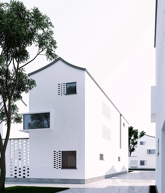 White Traditional Chinese Guesthouse Building with Sloped Roof Lattice Windows and Trees 3d model 