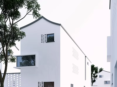 White Traditional Chinese Guesthouse Building with Sloped Roof Lattice Windows and Trees 3d model