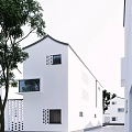 White Traditional Chinese Guesthouse Building with Sloped Roof Lattice Windows and Trees