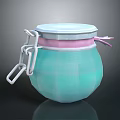 Decorative Blue Ceramic Jar With White Metal Clasp Pink Ribbon And White Lid