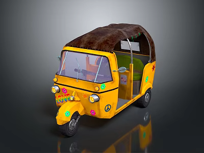 Yellow Tuk Tuk With Brown Canopy Colorful Decorations And Green Lights 3d model