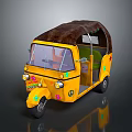 Yellow Tuk Tuk With Brown Canopy Colorful Decorations And Green Lights
