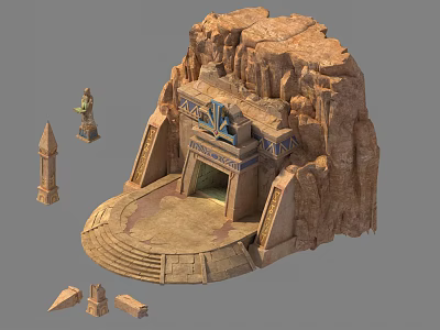 Cartoon Egyptian Scene With Rocky Cliff Entrance Steps Statue Obelisk And Scattered Stones 3d model
