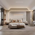 Modern Bedroom Interior Design With Herringbone Floor Bed Nightstands Area Rug And Accent Chair