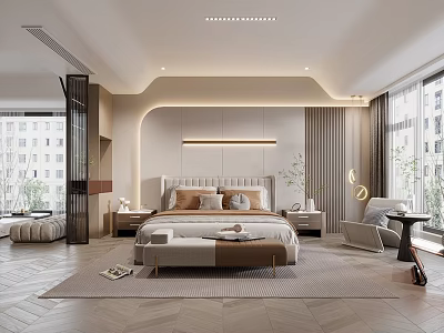 Modern Bedroom Interior Design With Herringbone Floor Bed Nightstands Area Rug And Accent Chair 3d model