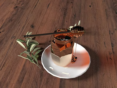 Elegant Golden Tea Set With White Dish And Olive Branch On Wooden Tabletop 3d model