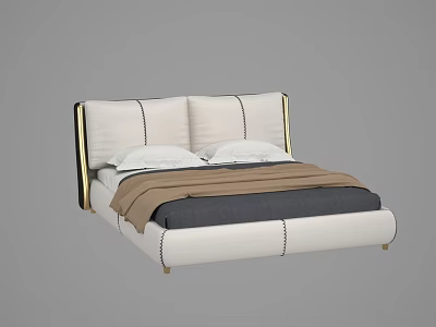 Modern Double Bed With White Stitched Headboard Pillows Brown Blanket Dark Gray Sheet Golden Legs 3d model