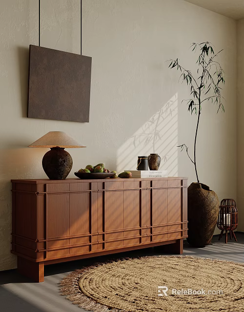 Natural Console Cabinet Sideboard Interior With Plant Lamp Fruit Tray And Vase Decor 3d model 
