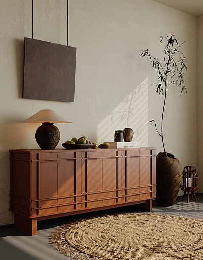 Natural Console Cabinet Sideboard Interior With Plant Lamp Fruit Tray And Vase Decor 3d model