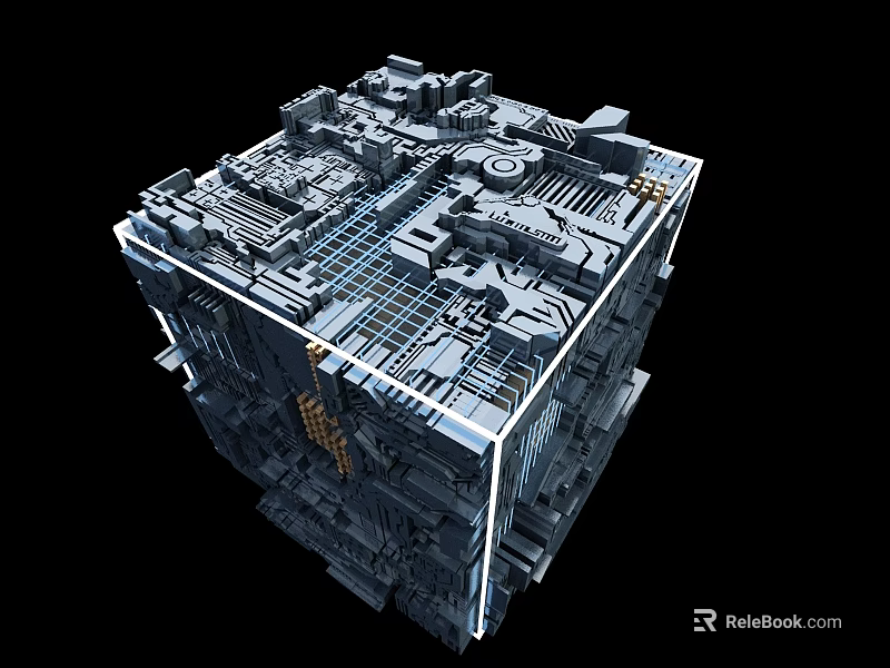 Intricate Futuristic Mechanical Cube With Metallic Components Interconnected Gears And Grid Patterns 3d model 