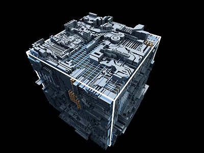 Intricate Futuristic Mechanical Cube With Metallic Components Interconnected Gears And Grid Patterns 3d model