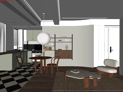 Modern Open Space Interior Design With Dining Table Chairs Bookshelf Sofa And Coffee Table 3d model