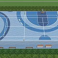 Basketball Court Design With Blue Surface Circular Patterns Fence And Grass Surroundings