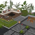 Elegant Patio Garden Design with Wooden Deck Seating Dining Area Green Plants and Stone Pathway
