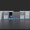 Modern Exhibition Island With Digital Screens Cones And Tech Display Elements
