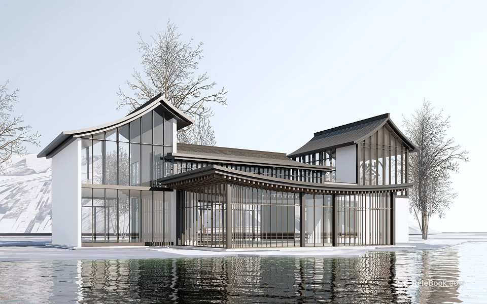 Modern Traditional Fusion Visitor Center Featuring Glass Facade Waterfront And Tree Surroundings 3d model 