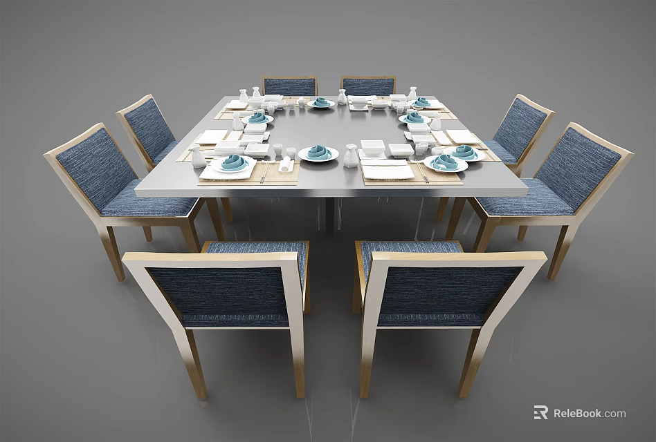Elegant Dining Table Set with Blue Fabric Chairs Wooden Legs and Tableware 3d model