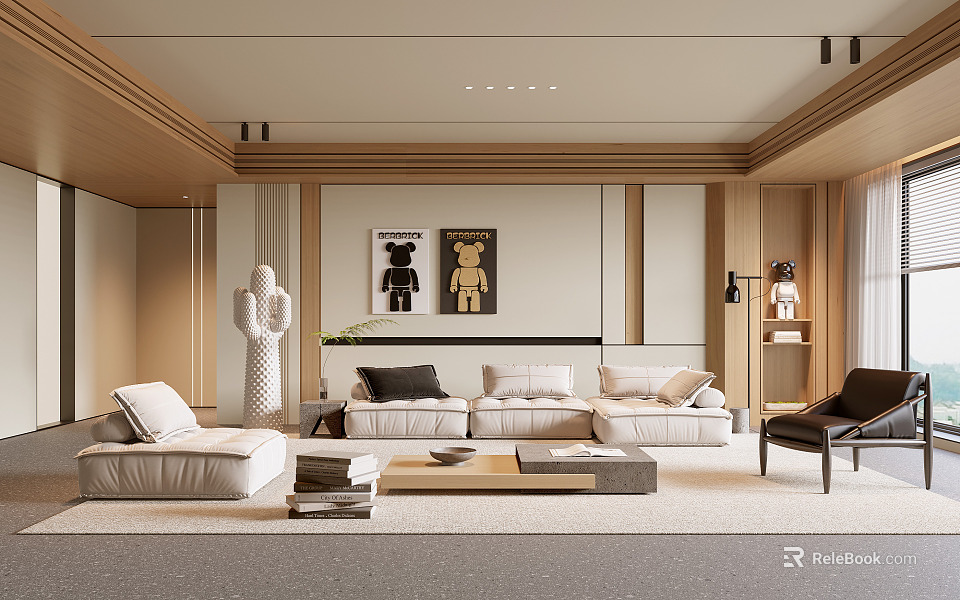 Modern Living Room Interior with Beige Sofa Wooden Paneling and Two Wall Art Paintings 3d model 