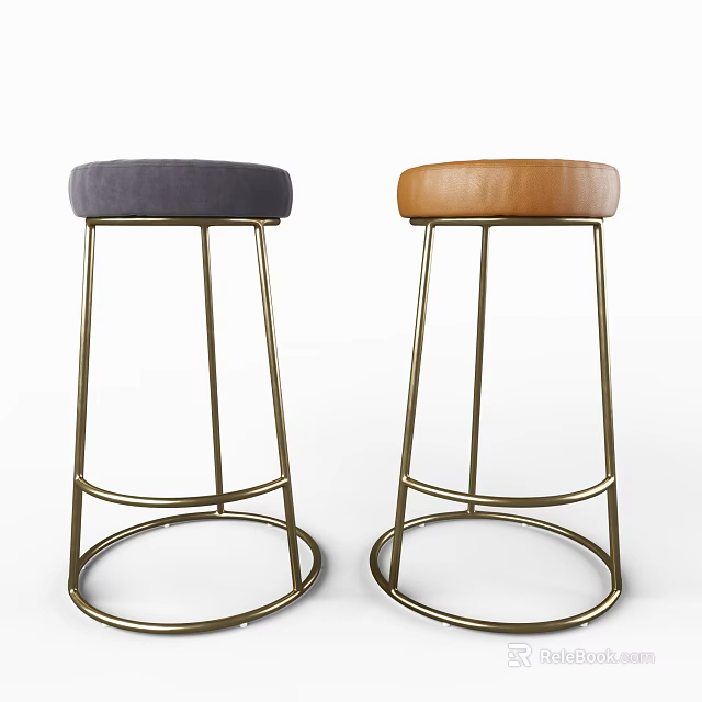 Bar Stools with Gray Fabric and Brown Leather Seats on Modern Metal Frame Design 3d model 