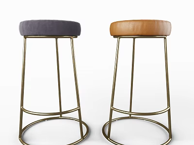 Bar Stools with Gray Fabric and Brown Leather Seats on Modern Metal Frame Design 3d model