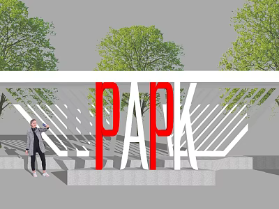 Pergola with Red PARK Letters Surrounded by Green Trees in Park and Person Pointing 3d model