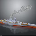 Detailed Battleship Watercraft Model With White Orange Hull And Smoke Emission