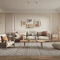Modern Cozy Living Room With Beige Sofa Wooden Coffee Table And Wall Art Decor