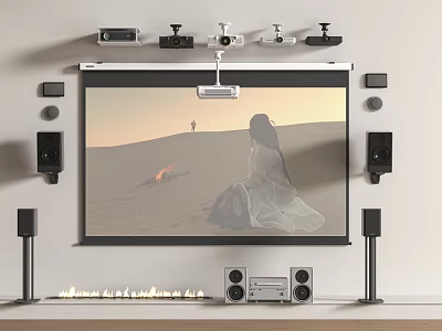 Projection Monitoring System For Home Theater With Large Screen And Surround Speakers 3d model