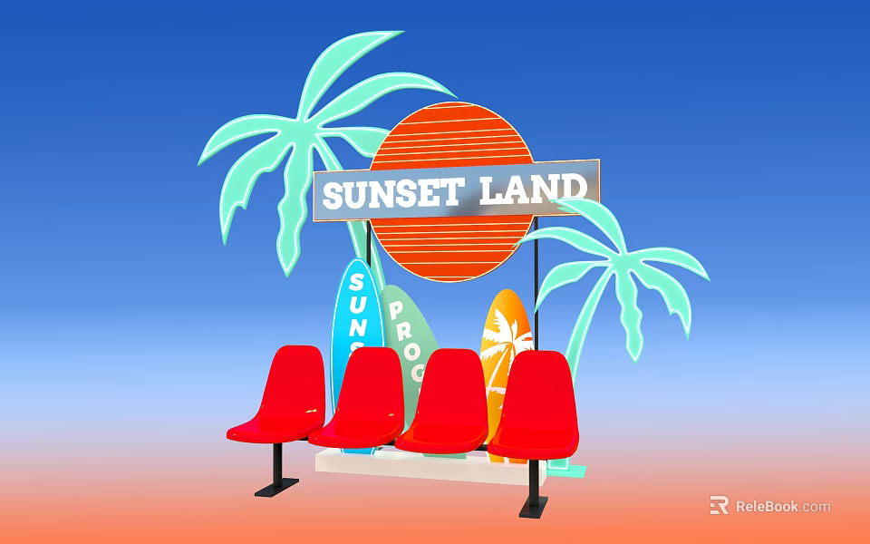 Vibrant Sunset Land Scene With Palm Trees Surfboards And Red Seats 3d model 