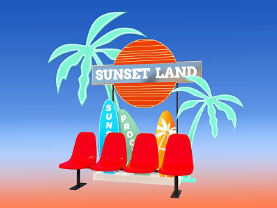 Vibrant Sunset Land Scene With Palm Trees Surfboards And Red Seats 3d model